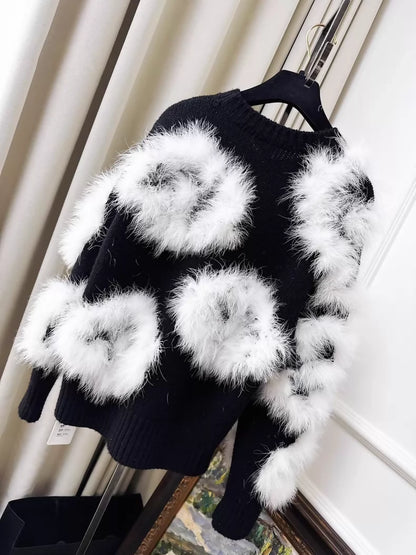 Chanel 23K white ostrich feather black camellia sweater
