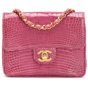 Chanel pink alligator gold hardware mini flap bag