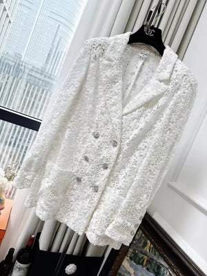 Chanel 23C White Lace Embroidered Double C Camellia Blazer