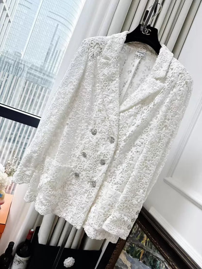 Chanel 23C White Lace Embroidered Double C Camellia Blazer