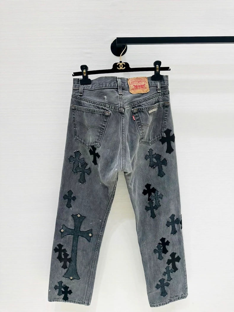 Chrome Hearts 2024 denim pant with Black/Grey/Silver with jewelled patterns