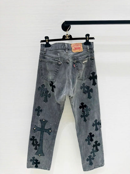 Chrome Hearts 2024 denim pant with Black/Grey/Silver with jewelled patterns