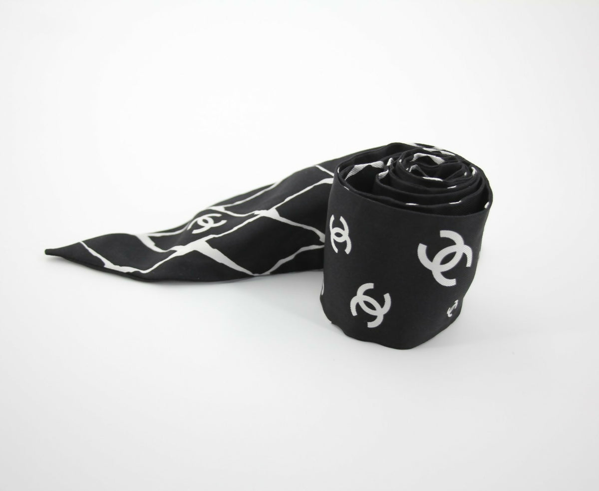 Chanel 23S 100% Silk Classic Black and White CC Logo Scarf