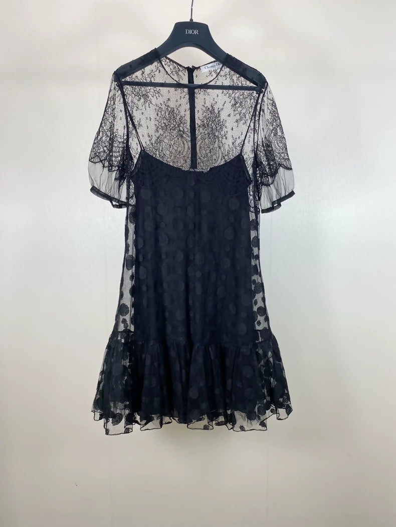 Dior embroidered mesh polka dot silk lining dress