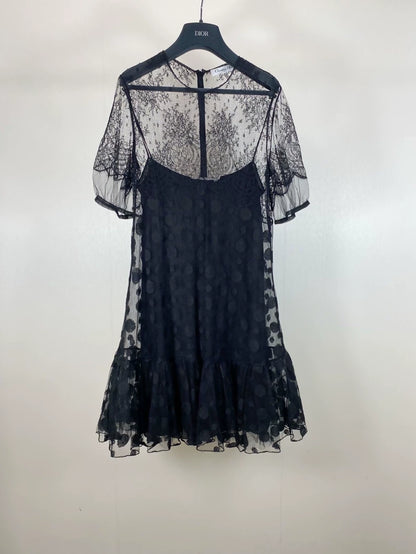 Dior embroidered mesh polka dot silk lining dress