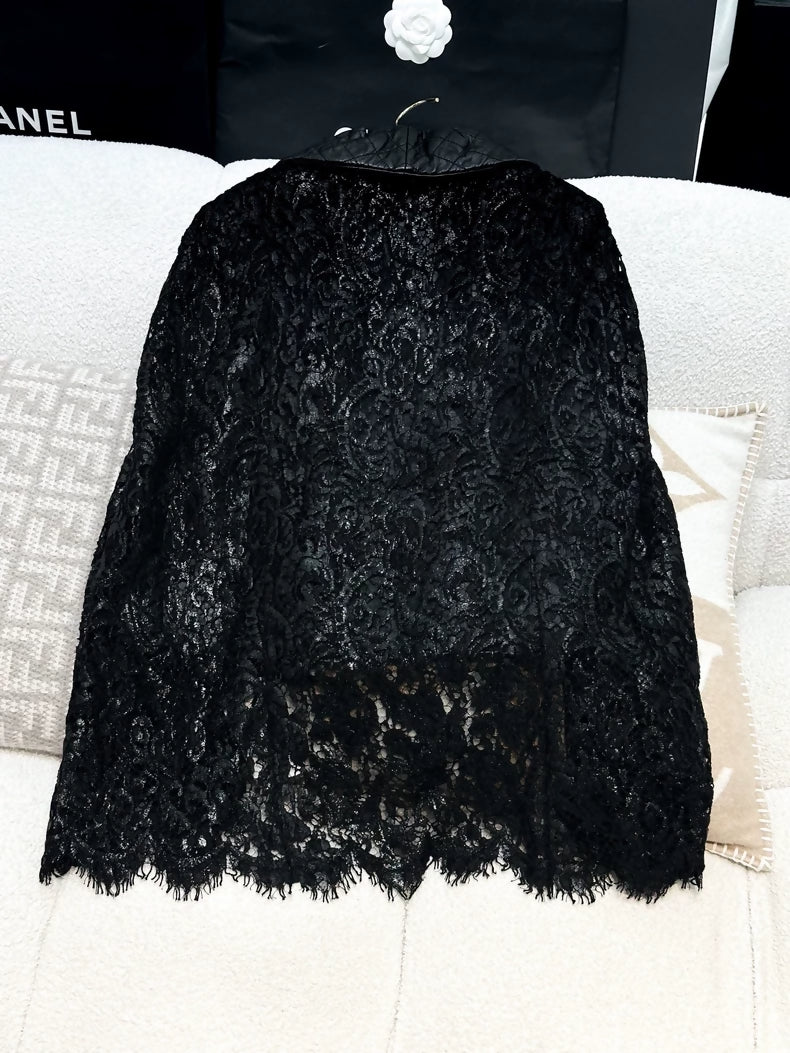 Chanel 23A black leather & lace jacket