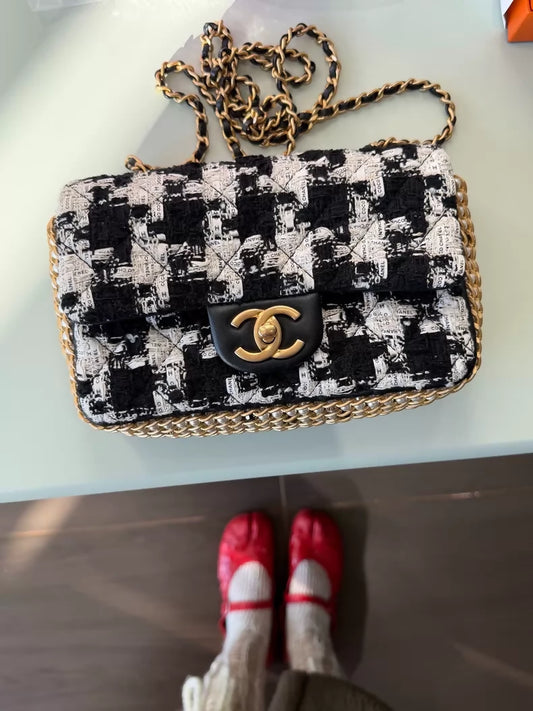 Chanel 20s black and white houndstooth wool tweed with pearl trim mini CF bag