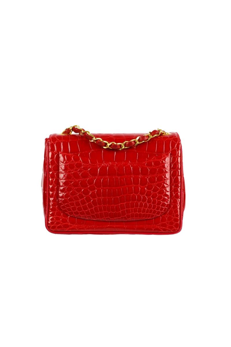 Chanel red shiny Alligator leather mini square flap bag with gold hardware