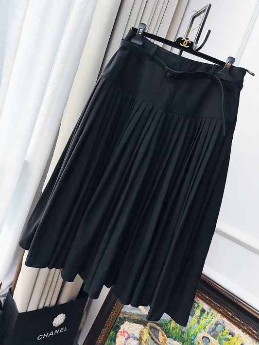 Dior black wool pleated long skirt