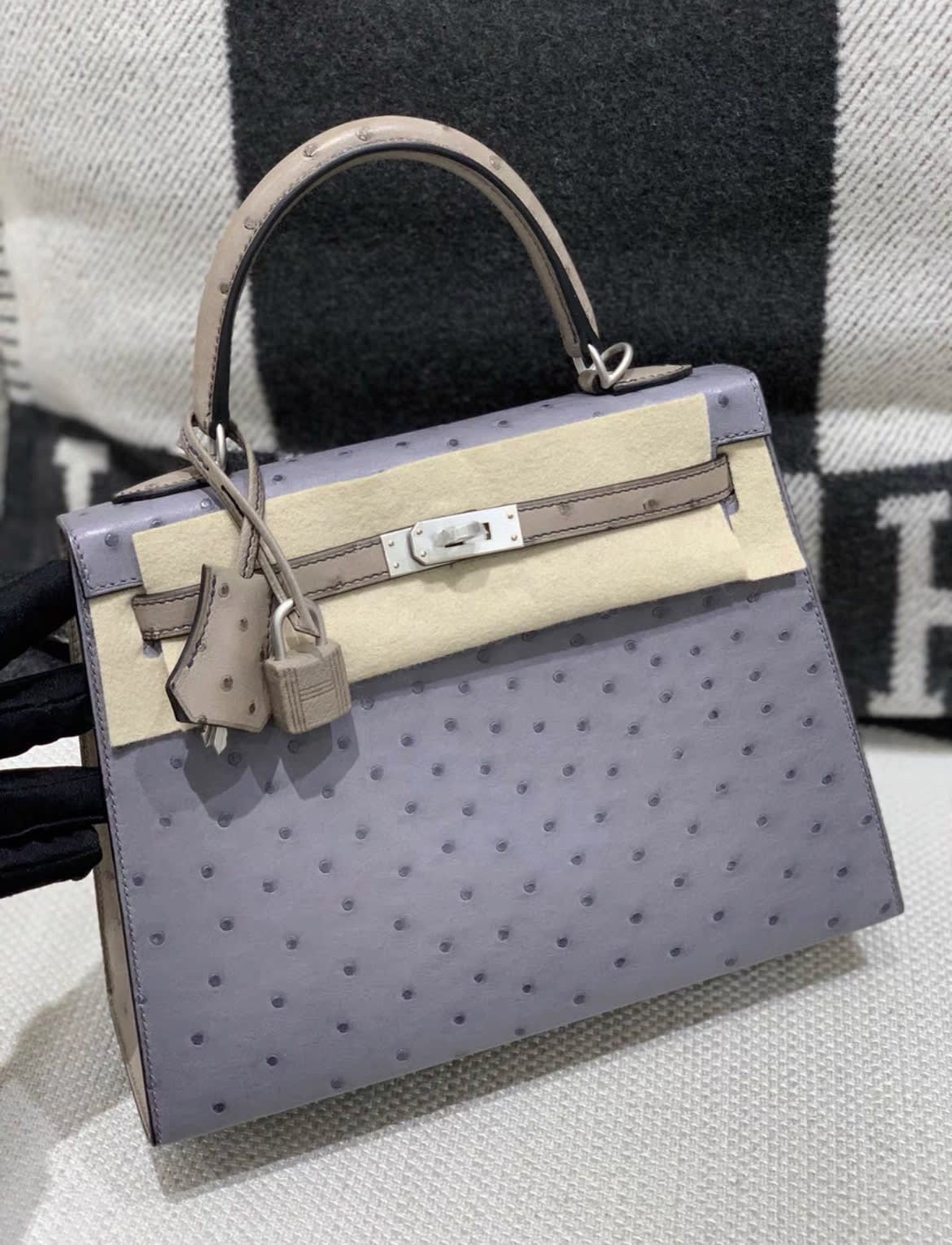 Hermès Kelly Sellier 25 Horseshoe Stamp (HSS), Bi-Color: Gris Agate, Ostrich Leather, Palladium Hardware