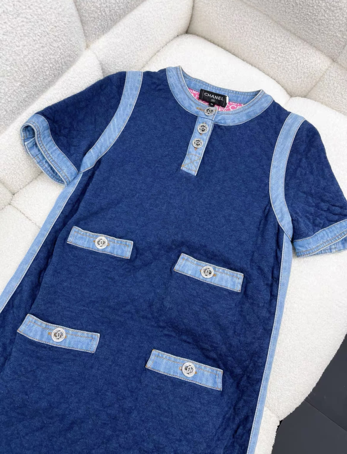 Chanel diamond button blue denim dress