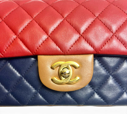 Rare Chanel 13A Edinburgh Tricolor Navy Red Caramel Quilted Lambskin Mini Classic Flap Bag GHW