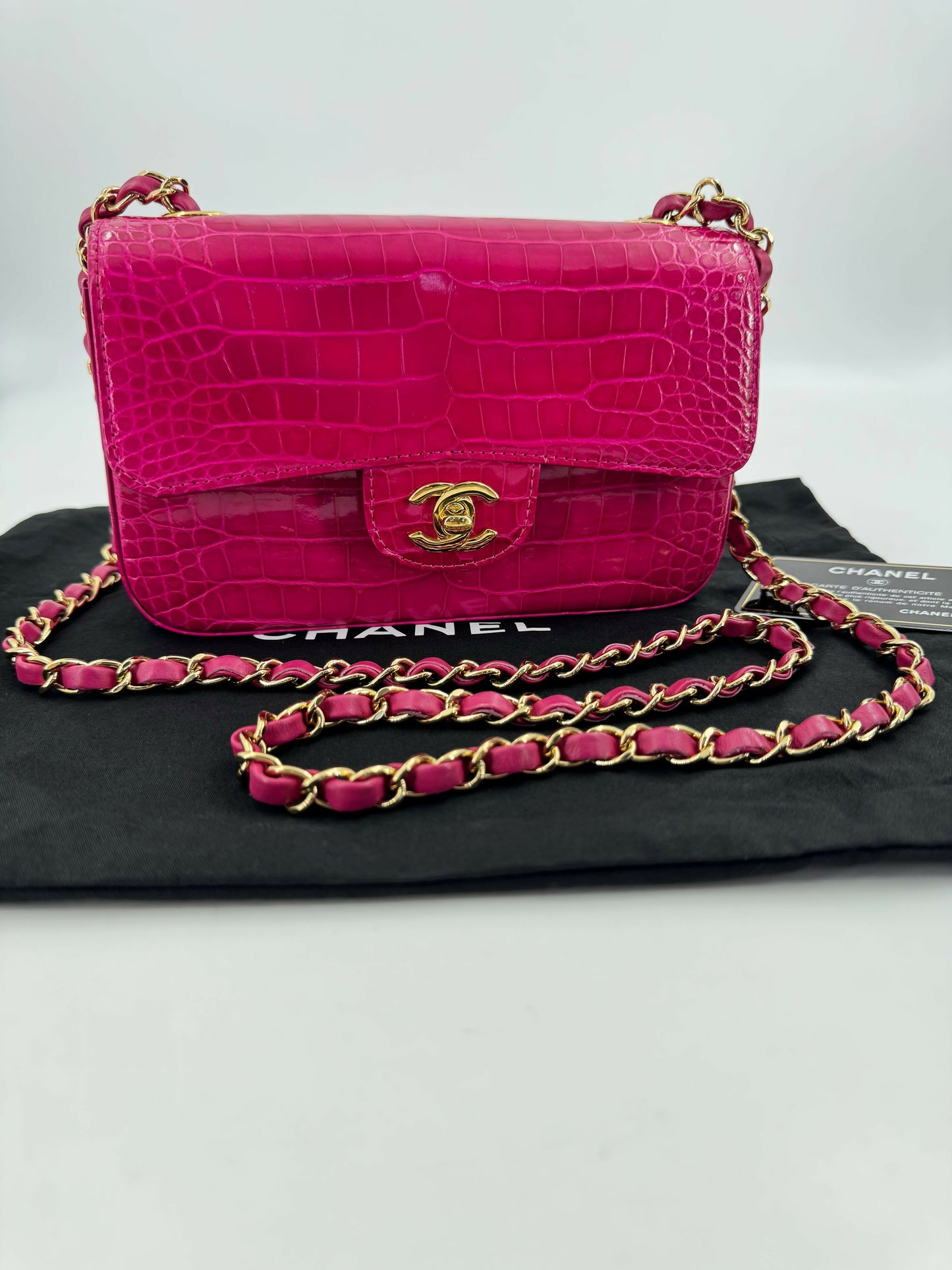 Chanel 2018-2019 Alligator Bright Pink Classic Flap Bag with Gold Hardware