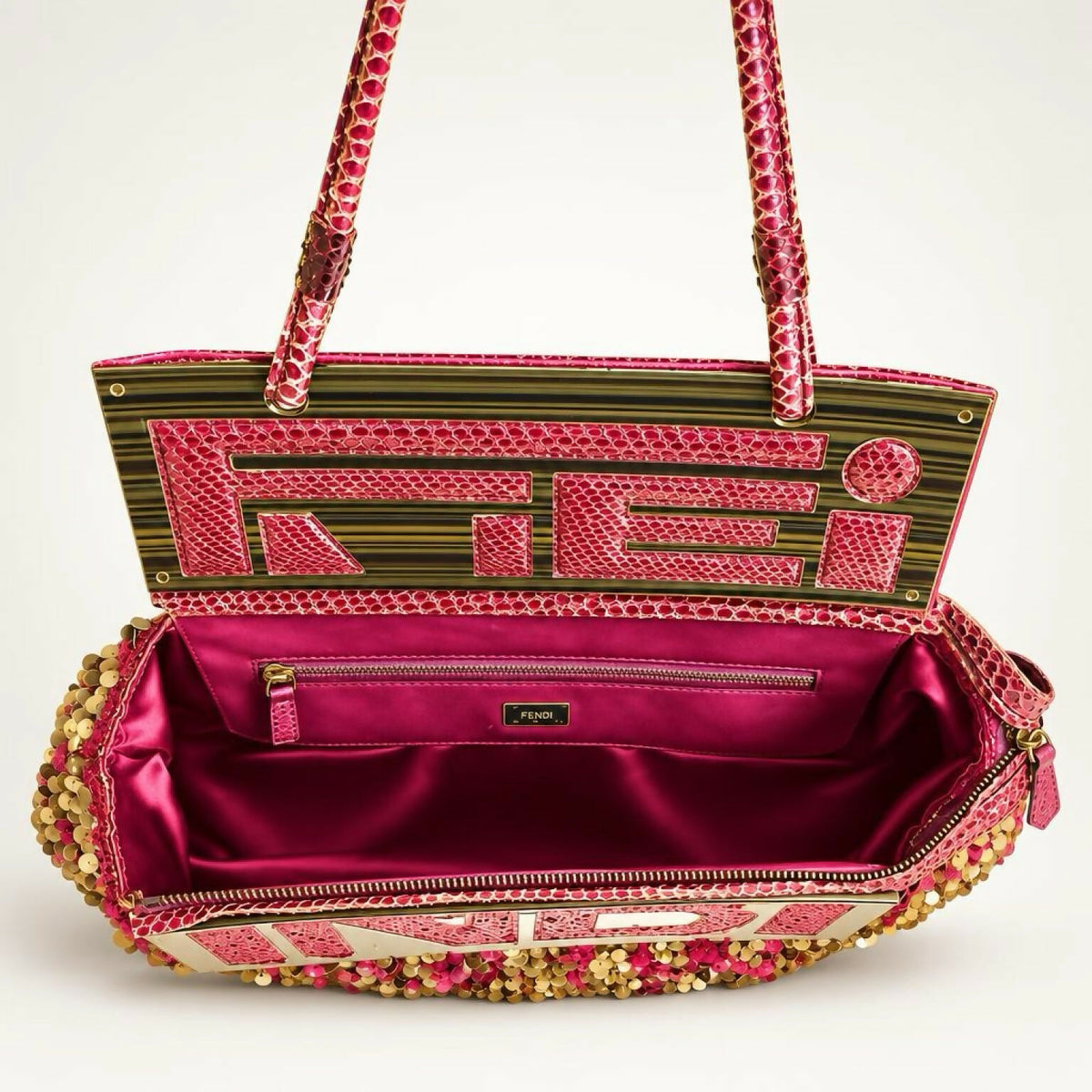 Rare Fendi 2007 ‘To You’ Convertible Burgundy Embroidered Sequins Python Clutch HandBag