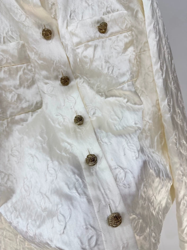 Chanel 25A silk embossed ecru gold double C logo jacket