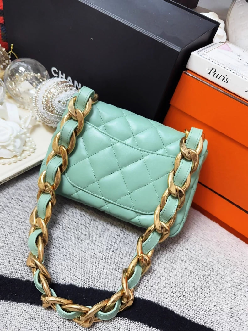 Chanel 23P mint green square shoulder bag with gold chunky chain