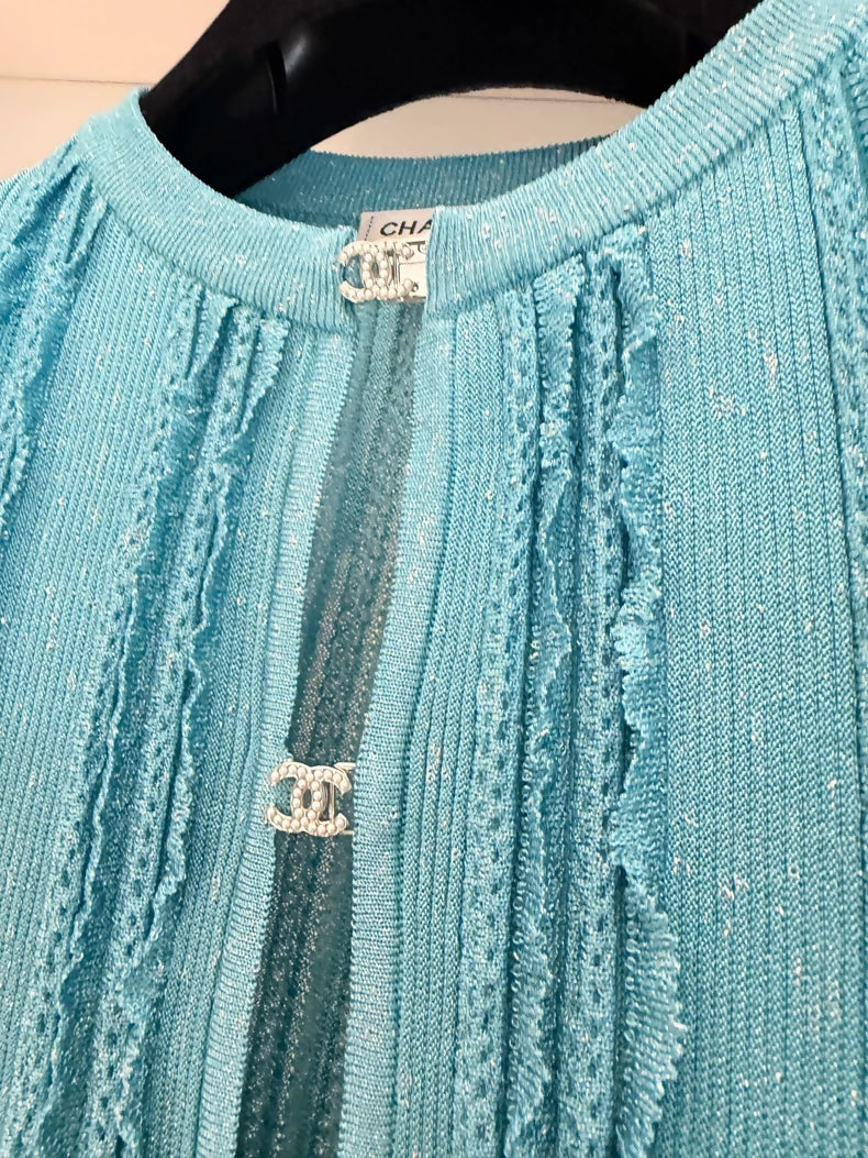 Chanel 23P rhinestone double C button closure Turquoise blue cardigan