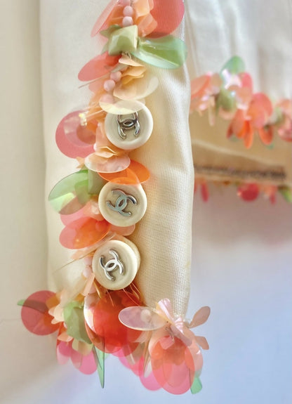 Vintage Chanel 96P Barbie Ivory Shantung Silk Sequin Beaded Pallets Jacket FR 42