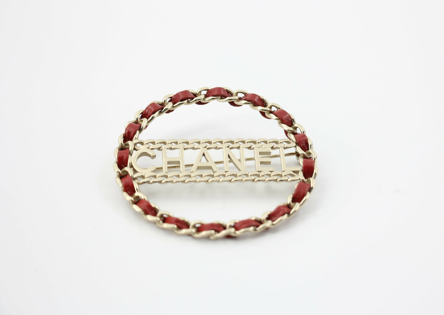 Chanel B18K Leather Red Metal Round Brooch