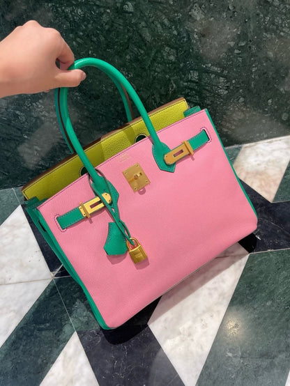 Hermes Birkin 30 pink Sakura three color goat leather brushed Gold hardware