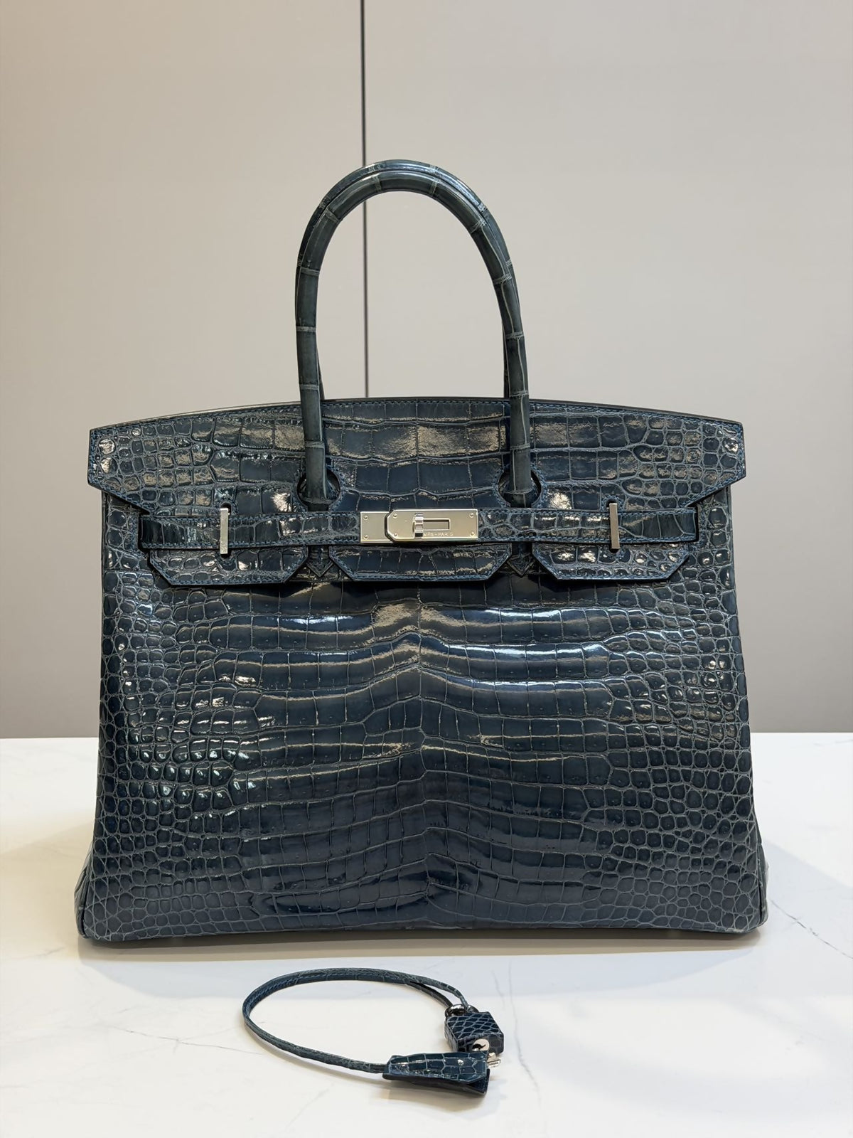 Hermes Birkin 35 Bleu Tempete Shiny Crocodie Porosus Palladium Hardware