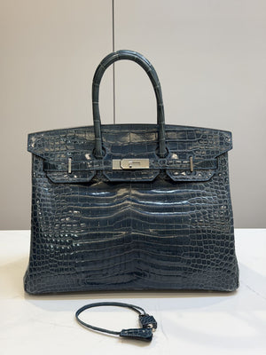 Hermes Birkin 35 Bleu Tempete Shiny Crocodie Porosus Palladium Hardware