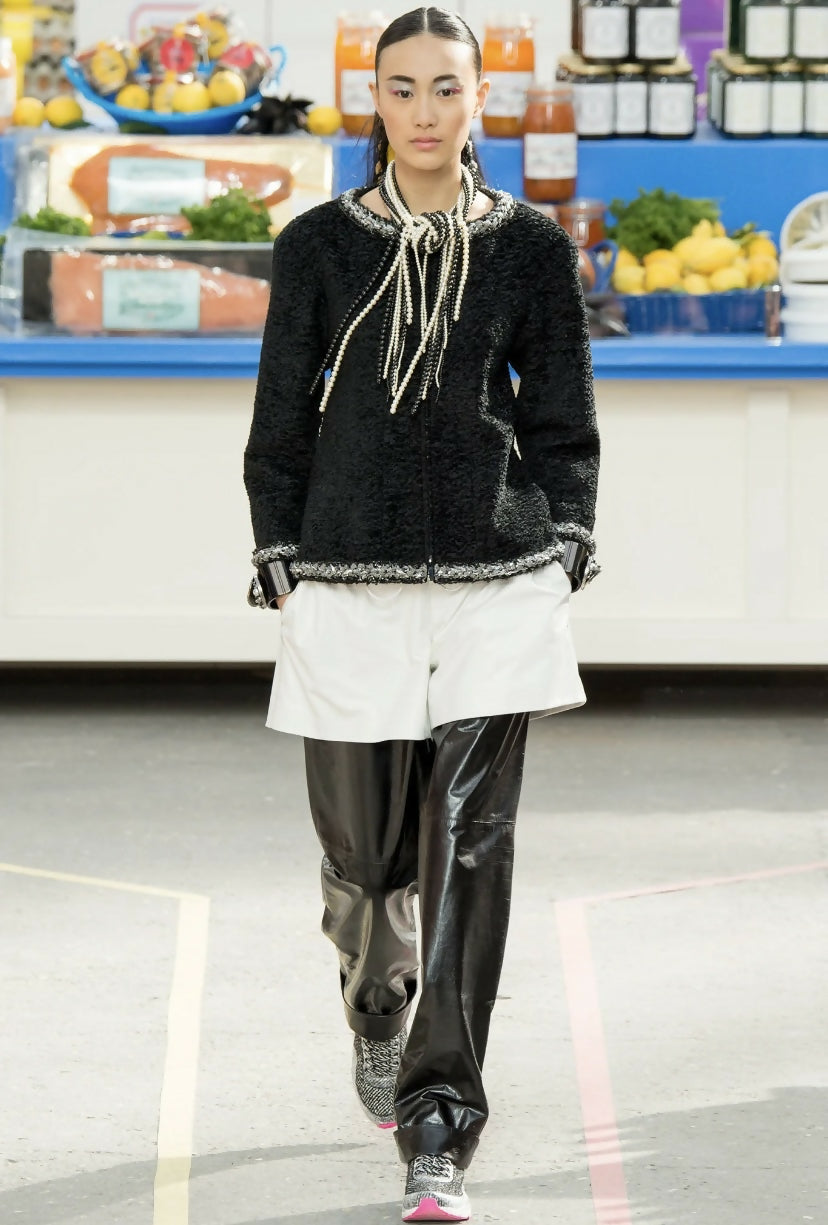 Chanel 14A Runway Supermarket Collection Black Boucle Silver Metallic Braided Trim Jacket 42