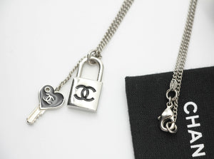 Chanel Vintage 07P Metal CC Logo Silver & Black -Tone Padlock and Key Necklace