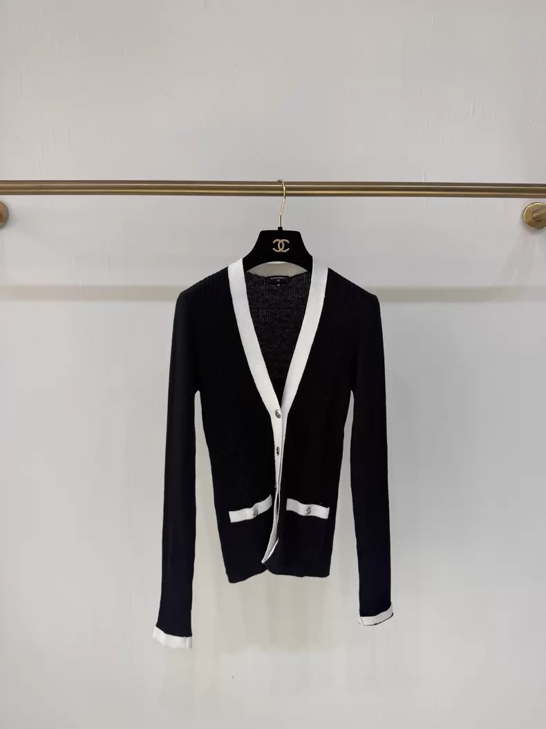 Chanel 26P Black Cardigan with White Trim and Silver Buttons