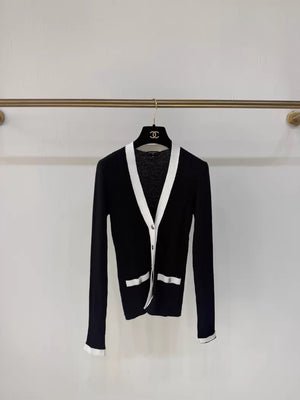 Chanel 26P Black Cardigan with White Trim and Silver Buttons