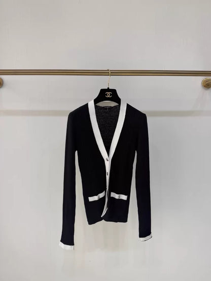 Chanel 26P Black Cardigan with White Trim and Silver Buttons