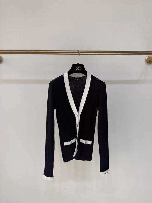 Chanel 26P Black Cardigan with White Trim and Silver Buttons