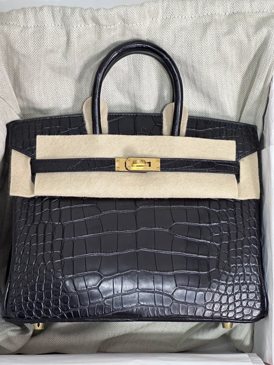 Hermes Birkin 25 Black Matte Alligator leather gold hardware