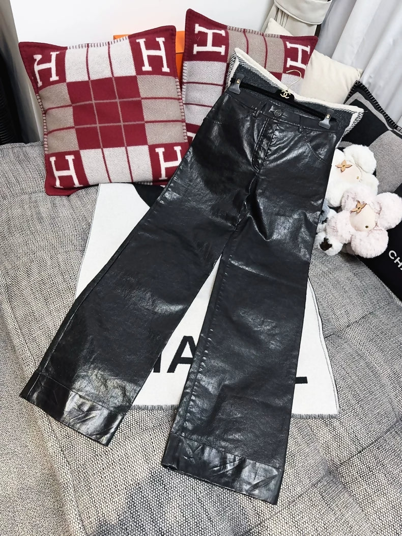 Chanel black leather straight pants
