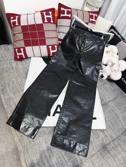 Chanel black leather straight pants