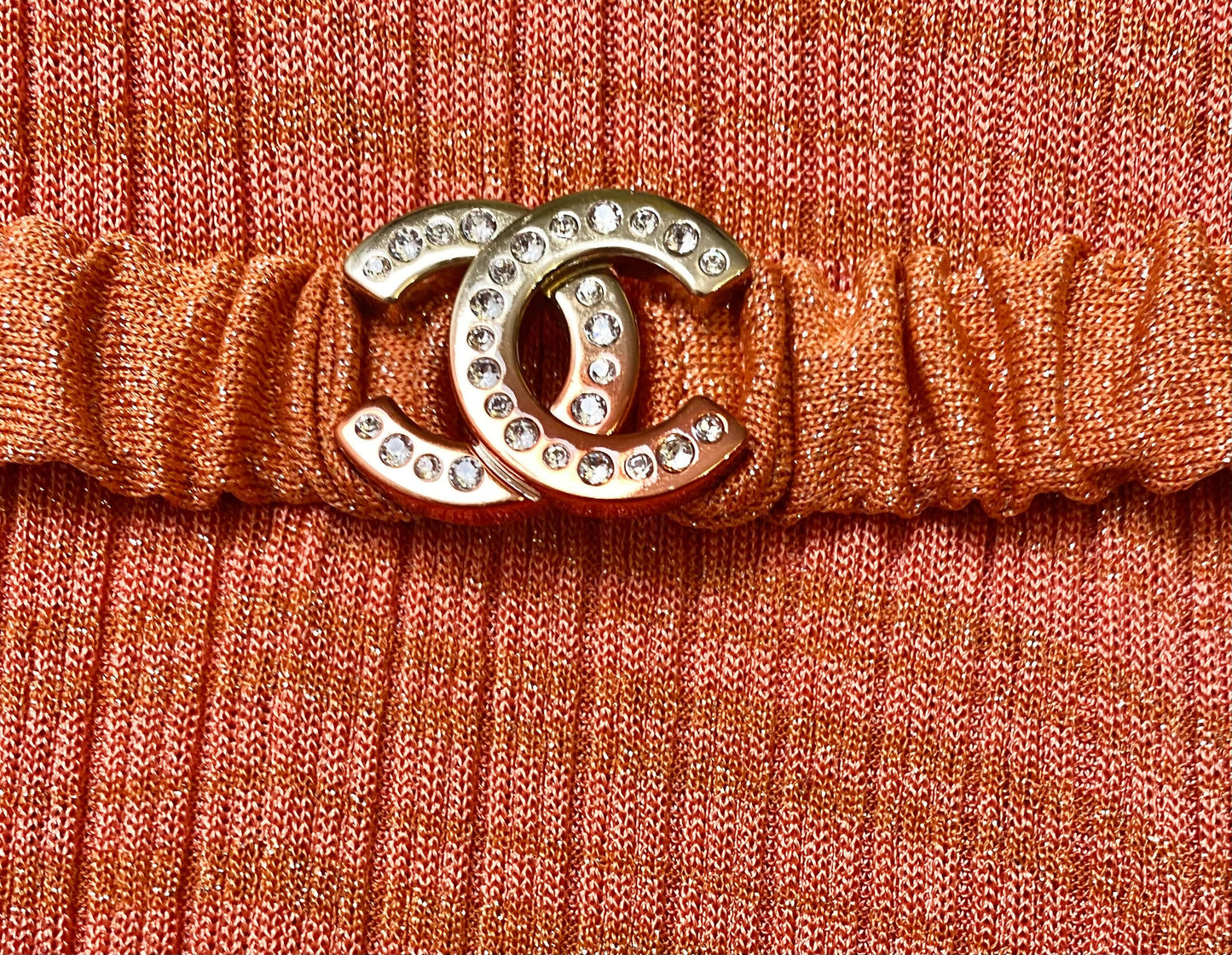 CHANEL 22P PINK CORAL ORANGE RIBBED METALLIC LUREX COLLARED MAXI DRESS FR 46