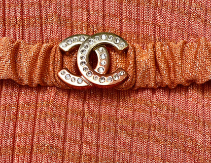 CHANEL 22P PINK CORAL ORANGE RIBBED METALLIC LUREX COLLARED MAXI DRESS FR 46