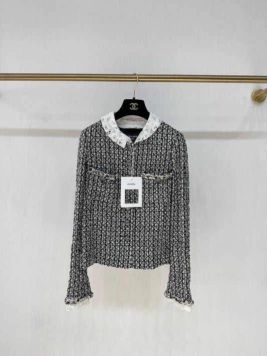 Chanel 23A black white lace-trimmed jacket