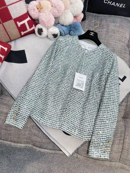 Chanel 23p green and white sequin embroidered jacket