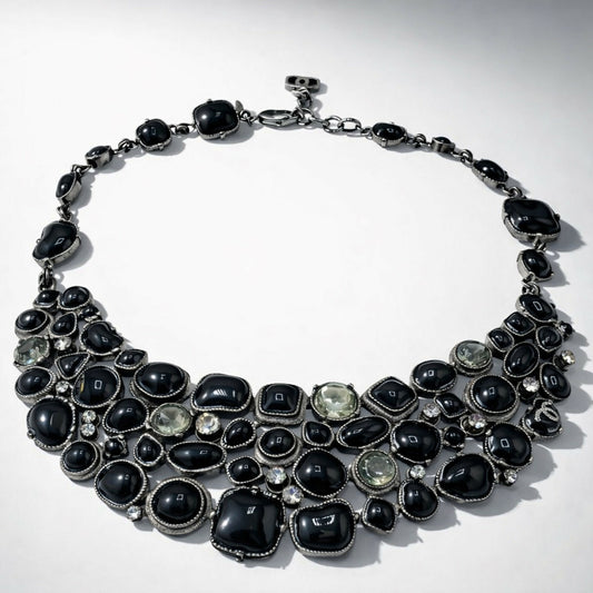 Rare Chanel 08A Black Crystals CC Gripoix Statement Bib Collar Necklace