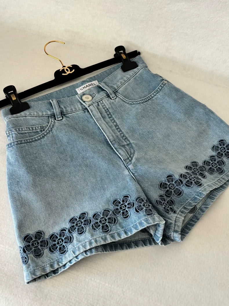 Chanel 24P Camellia Embroidered Denim Shorts