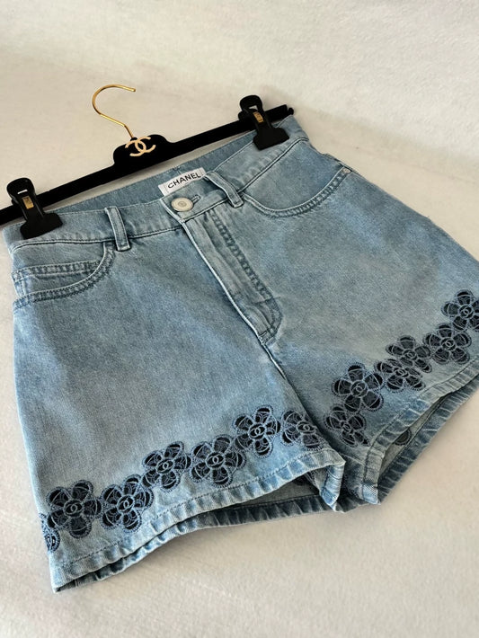 Chanel 24P Camellia Embroidered Denim Shorts