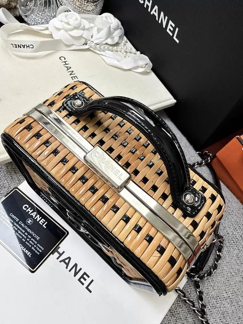 Chanel 19S Vanity classic double C logo bamboo and rattan woven limited edition bag