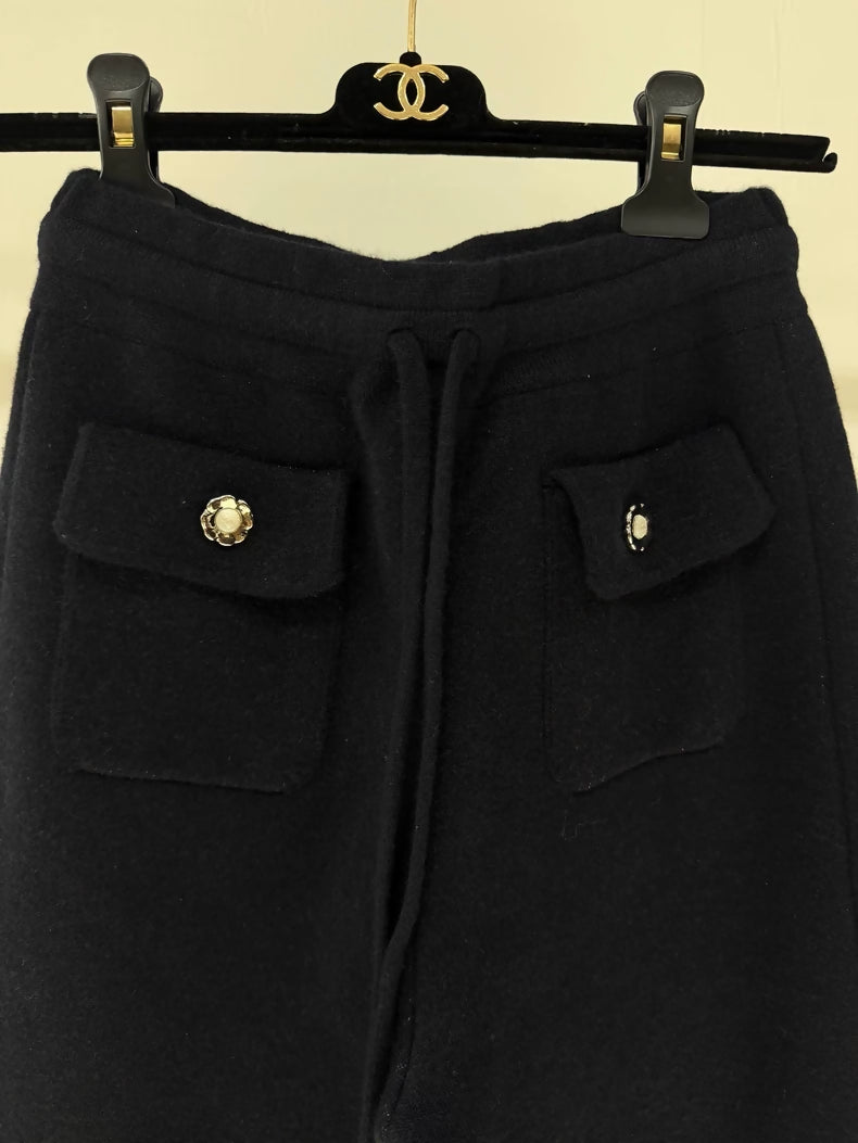 Chanel 24P Navy Blue Polka Dot CC Logo Cropped Knit Pants