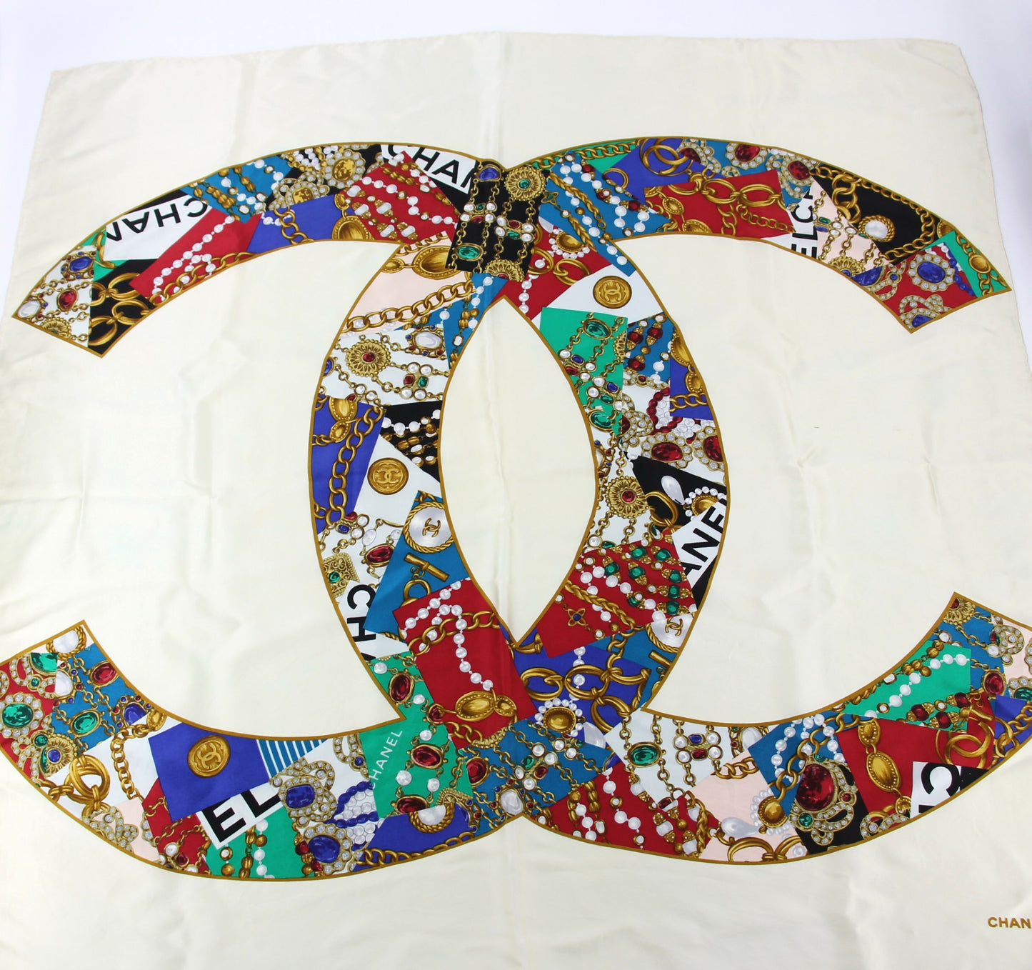 Chanel 100% Silk Beige Jewelry Pattern Scarf