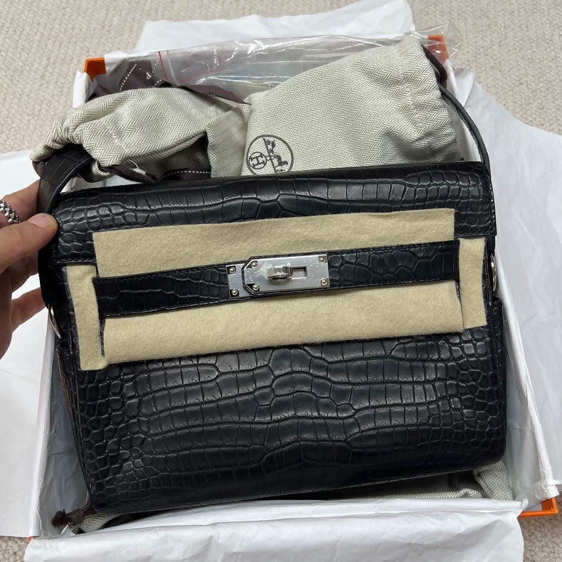 Hermès Kelly Depeches 25 black matte crocodile leather palladium hardware