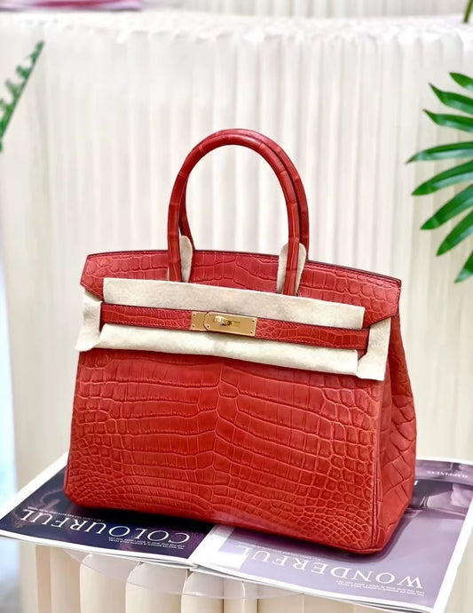 Hermes Birkin 30 5E vermilion red matte crocodile leather with gold hardware