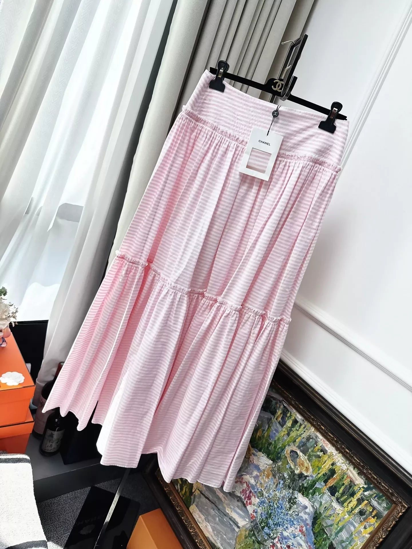 Chanel 24C pink and white striped logo maxi skirt