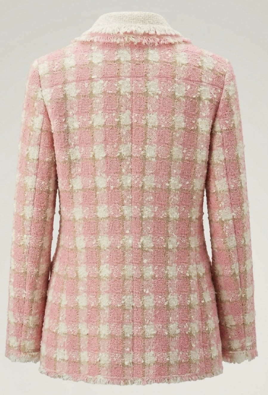 Chanel 04C Pink White Cream Fringe Tweed Checker Jacket FR 42