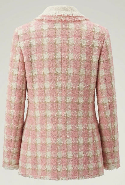 Chanel 04C Pink White Cream Fringe Tweed Checker Jacket FR 42